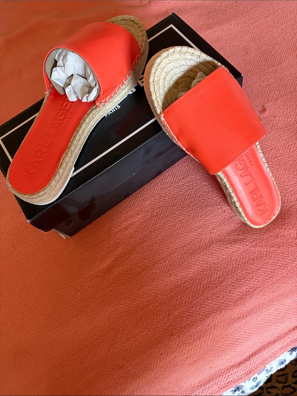 Karl Lagerfeld Coral Red Slide Espadrille Sandals